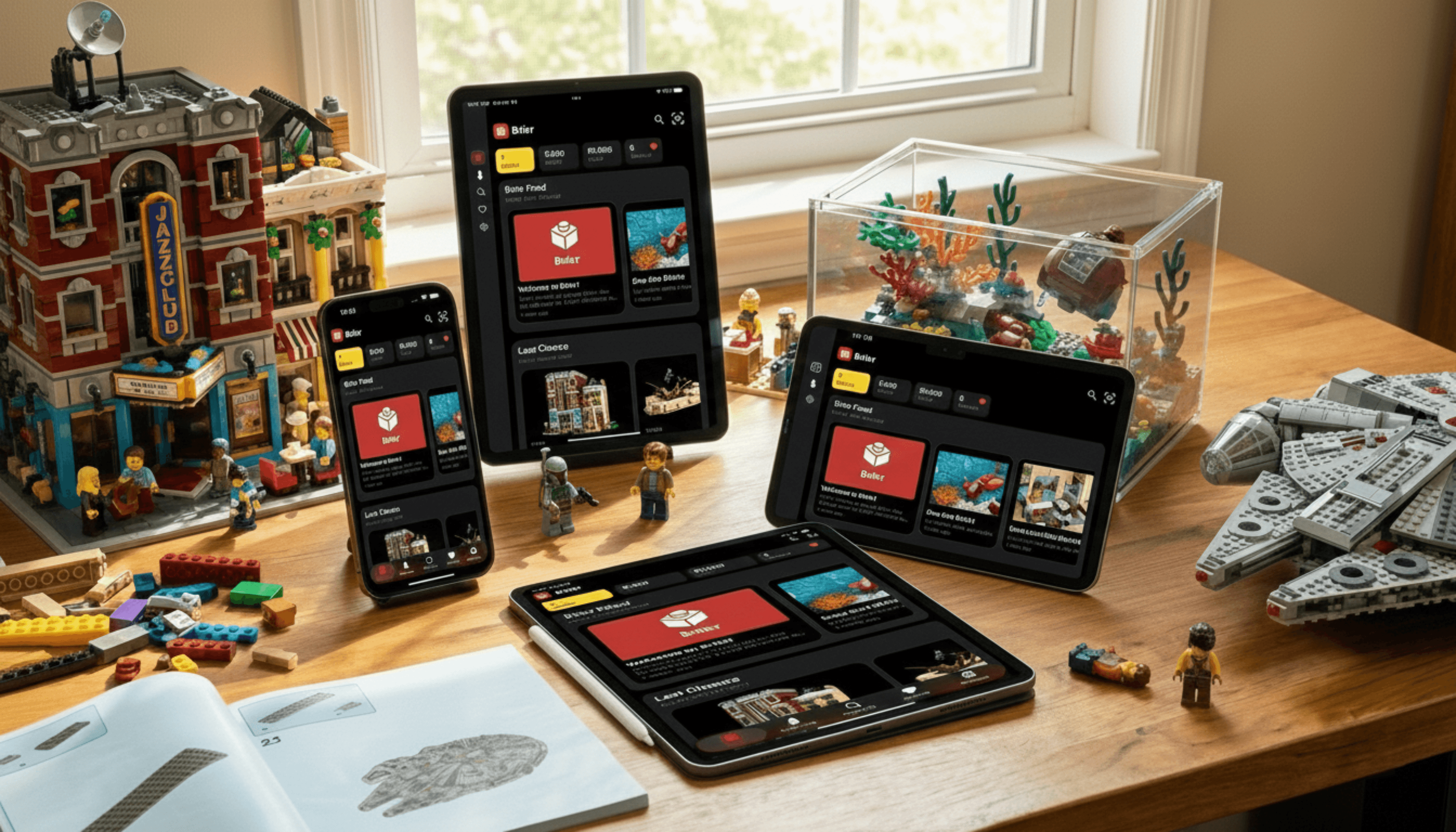 Brikr app running on iPhone and iPad surrounded by LEGO sets